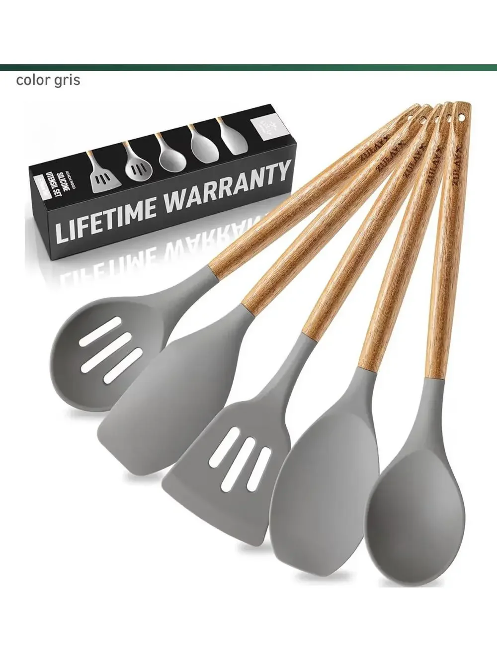 Zulay Kitchen 5PSilicone Cooking Utensil Set Wooden Handle Spatula SpoonNonstick